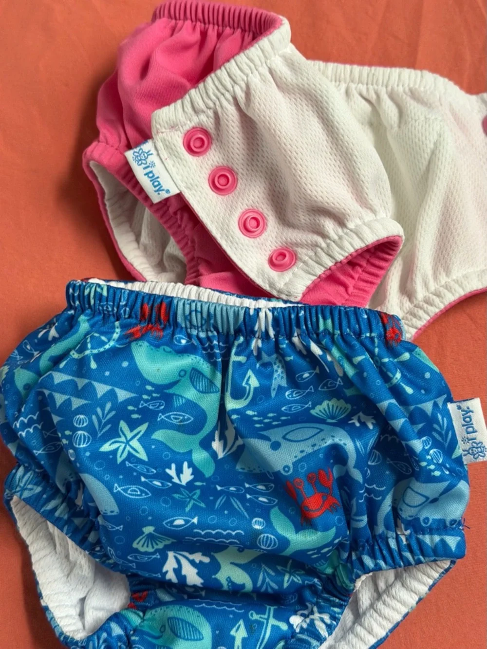 i play. Reusable Swim Diaper Covers - Blue Ocean Print & Hot Pink, 6 mos